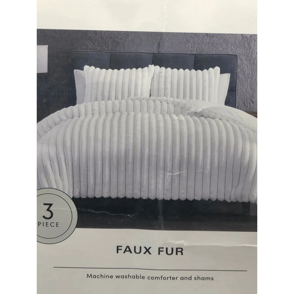 Hallmart Collectibles Comforter Set Ivory Faux‎ Fur 3 Piece King Glam Luxurious